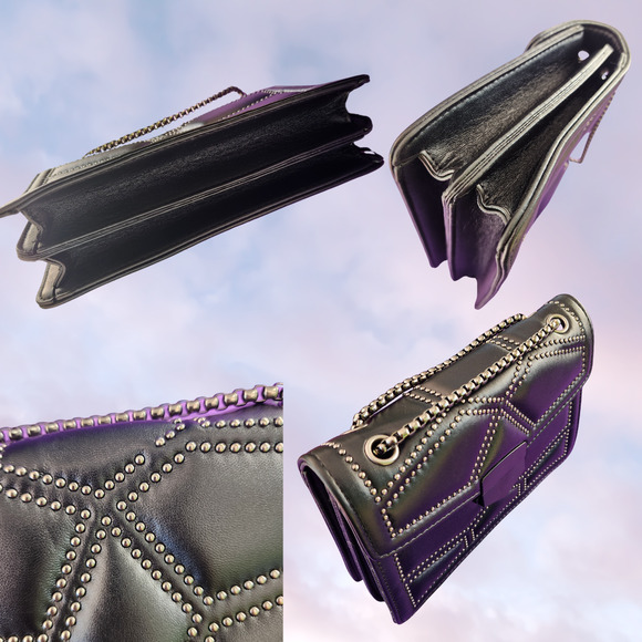 Black Sleek Faux Leather Studded Goth Punk Clutch Purse Chain Strap - Picture 6 of 9